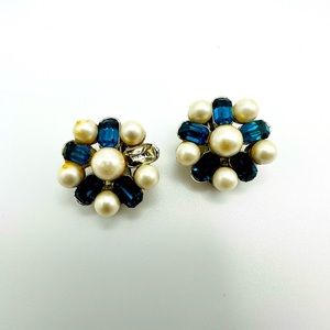 Vintage signed Lisner blue rhinestone clips earrings (missing one blue stone)